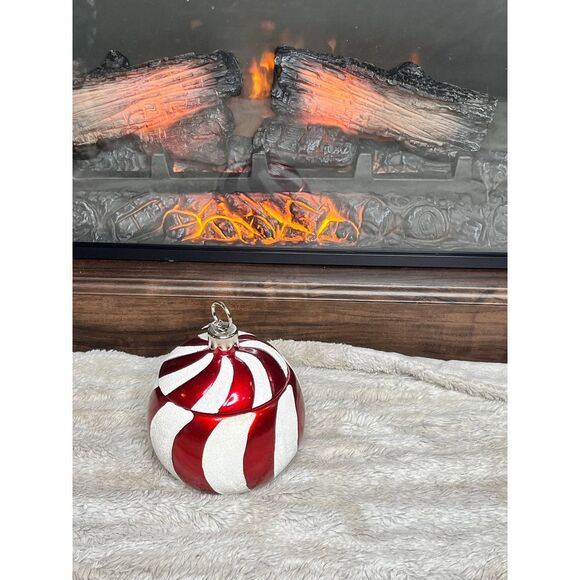 Festive‎ Peppermint Candy Stripe Christmas Ornament Storage Container Holiday - Picture 1 of 3